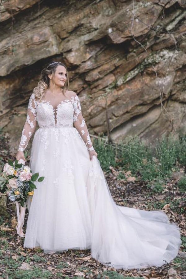 NumberSea - NumberSea Beautiful Lace Plus Size A - line Long Sleeves Wedding Dress, Bridal Gown, MW538