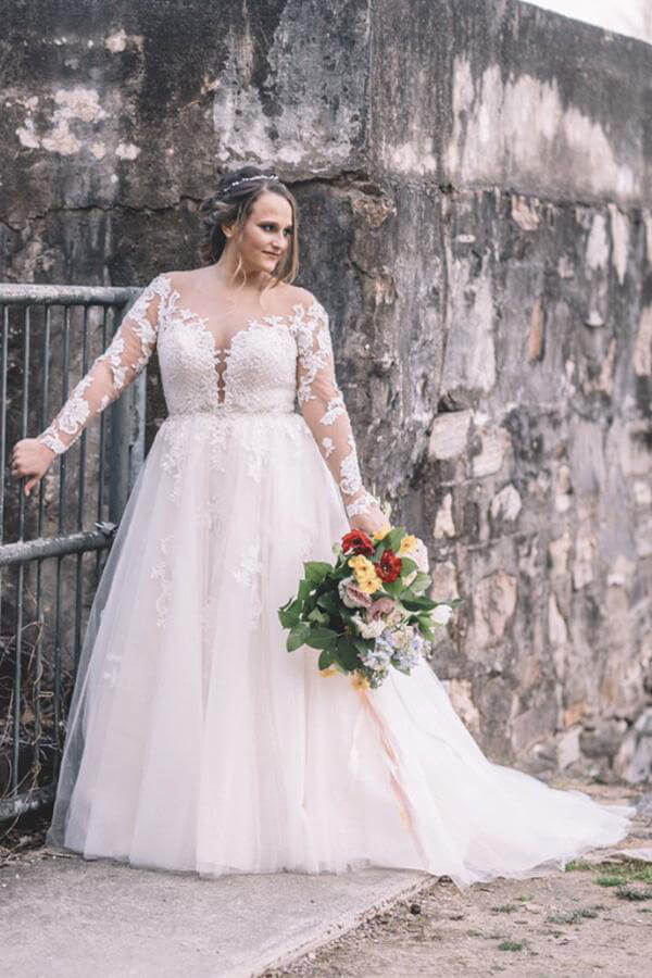 NumberSea - NumberSea Beautiful Lace Plus Size A - line Long Sleeves Wedding Dress, Bridal Gown, MW538