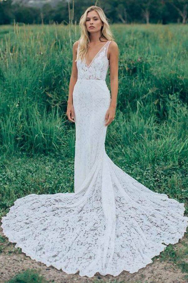 NumberSea - NumberSea Beautiful Lace Sheath V Neck Wedding Dress, Bridal Dress With Train, MW528