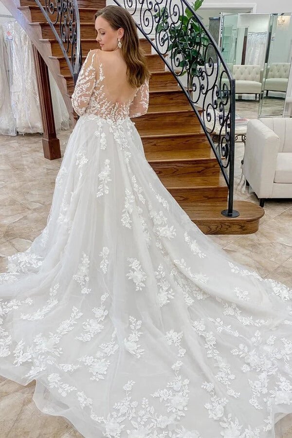 NumberSea - NumberSea Beautiful Tulle A - line Long Sleeves Wedding Dresses With Lace Appliques, MW823