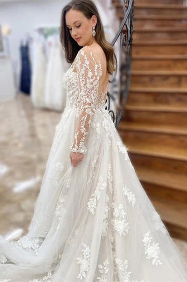 NumberSea - NumberSea Beautiful Tulle A - line Long Sleeves Wedding Dresses With Lace Appliques, MW823