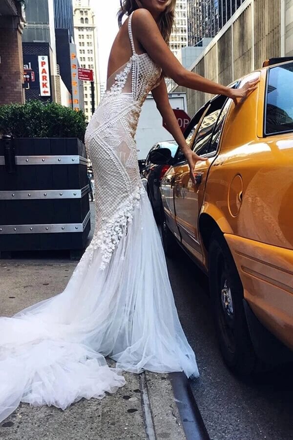 NumberSea - NumberSea Beautiful Tulle Lace Ivory Mermaid Deep V - neck Long Wedding Dresses, MW520