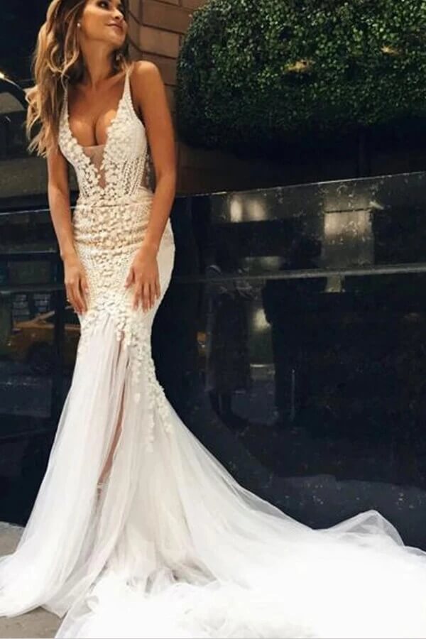 NumberSea - NumberSea Beautiful Tulle Lace Ivory Mermaid Deep V - neck Long Wedding Dresses, MW520