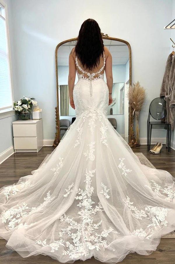 NumberSea - NumberSea Beautiful Tulle Mermaid V - neck Lace Appliques Wedding Dresses, Bridal Gowns, MW887