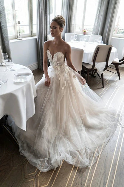 NumberSea - NumberSea Beautiful Wedding Dresses A - line Scoop Hand - Made Flower Beading Bridal Gown,MW449