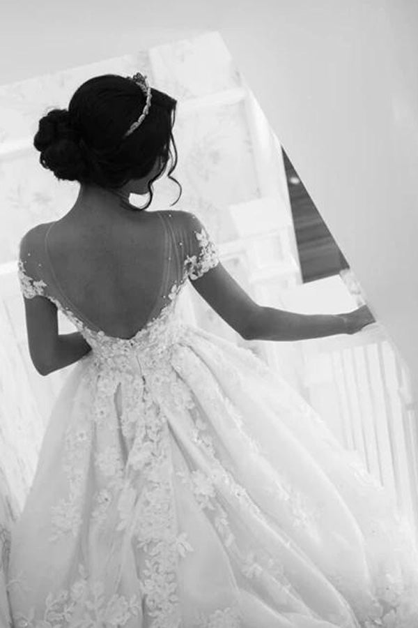 NumberSea - NumberSea Beautiful White Lace A - line Illusion Neck Wedding Dresses, Bridal Gown, MW563