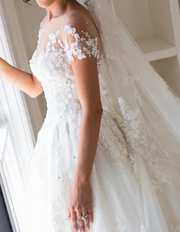 NumberSea - NumberSea Beautiful White Lace A - line Illusion Neck Wedding Dresses, Bridal Gown, MW563