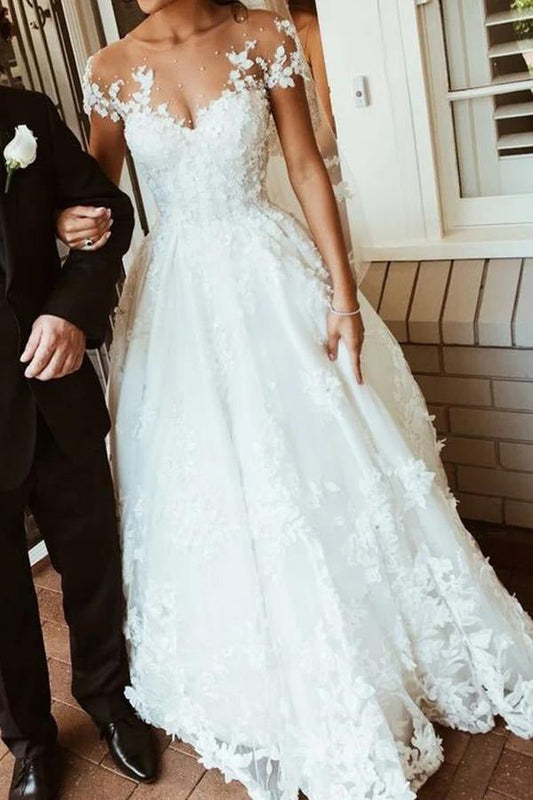 NumberSea - NumberSea Beautiful White Lace A - line Illusion Neck Wedding Dresses, Bridal Gown, MW563