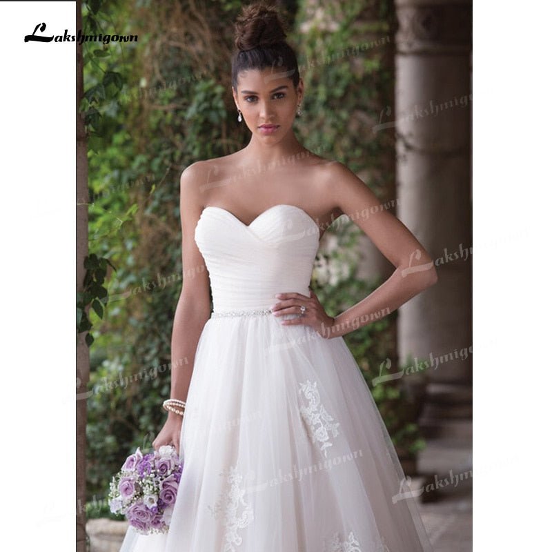 NumberSea - NumberSea Beautifully A - Line Tulle Wedding Dresses Sweetheart Neck Strapless Sleeveless Open Back Beading Sashes Court Train Bride Gowns