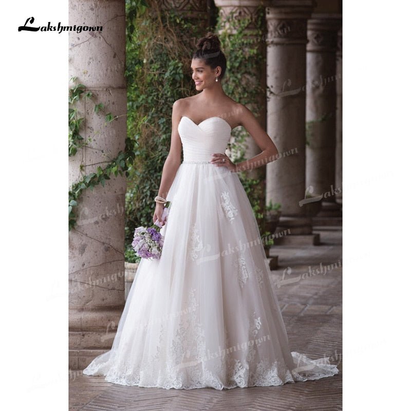 NumberSea - NumberSea Beautifully A - Line Tulle Wedding Dresses Sweetheart Neck Strapless Sleeveless Open Back Beading Sashes Court Train Bride Gowns