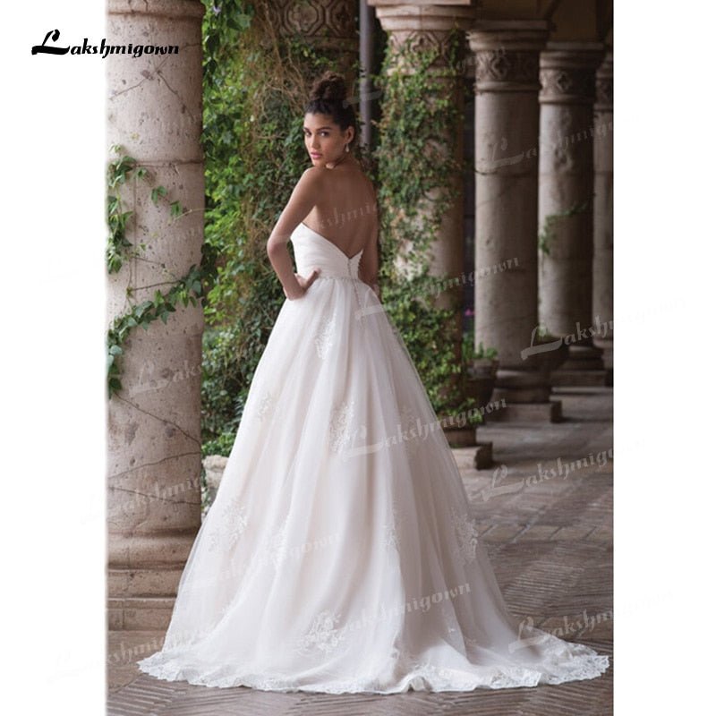 NumberSea - NumberSea Beautifully A - Line Tulle Wedding Dresses Sweetheart Neck Strapless Sleeveless Open Back Beading Sashes Court Train Bride Gowns