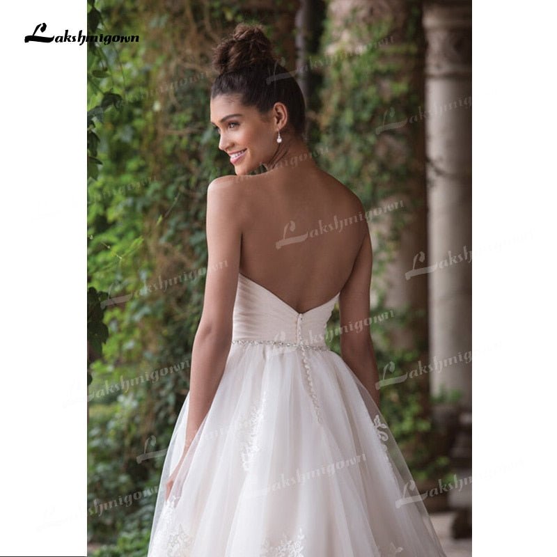 NumberSea - NumberSea Beautifully A - Line Tulle Wedding Dresses Sweetheart Neck Strapless Sleeveless Open Back Beading Sashes Court Train Bride Gowns