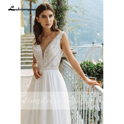 NumberSea - NumberSea Behemia Boho Wedding Dresses V - Neck A - Line Vestido De Novia Vintage Lace Bridal Gowns Sweep Train White Long Robe De Mariée