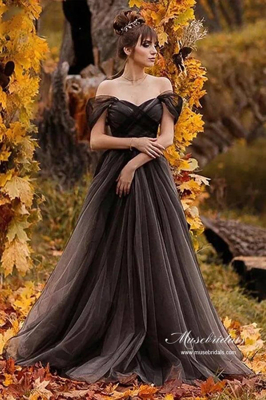 NumberSea - NumberSea Black A - line Off Shoulder Simple Wedding Dresses With Sweep Train, MW960