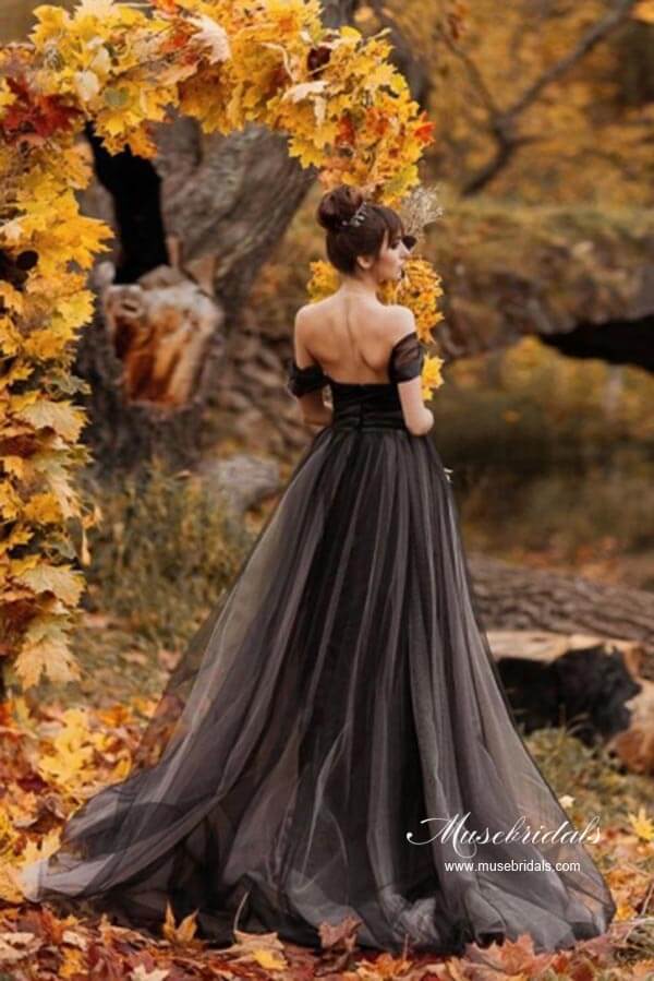 NumberSea - NumberSea Black A - line Off Shoulder Simple Wedding Dresses With Sweep Train, MW960