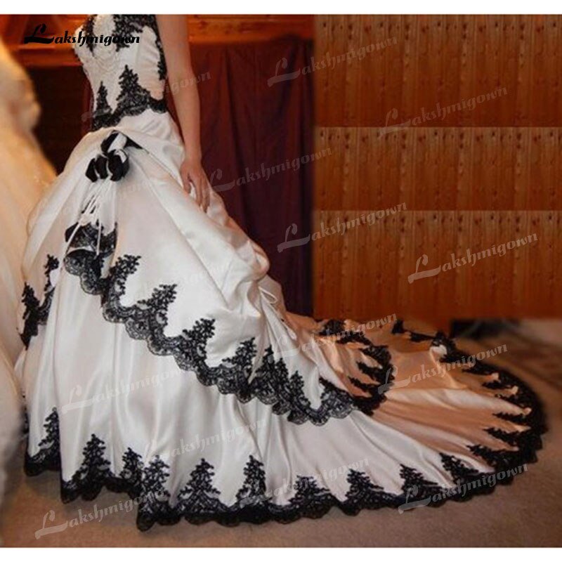 NumberSea - NumberSea Black and White Wedding Dresses 2021 Gothic Lace Applique Tiered Bridal Dress Long Train Lace Up Satin Halloween Bridal 1920's