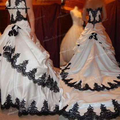 NumberSea - NumberSea Black and White Wedding Dresses 2021 Gothic Lace Applique Tiered Bridal Dress Long Train Lace Up Satin Halloween Bridal 1920's