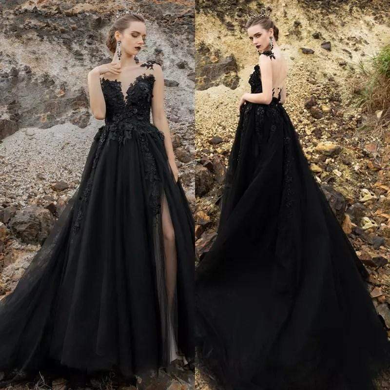 NumberSea - NumberSea Black Gothic Wedding Dresses High Split Backless Lace