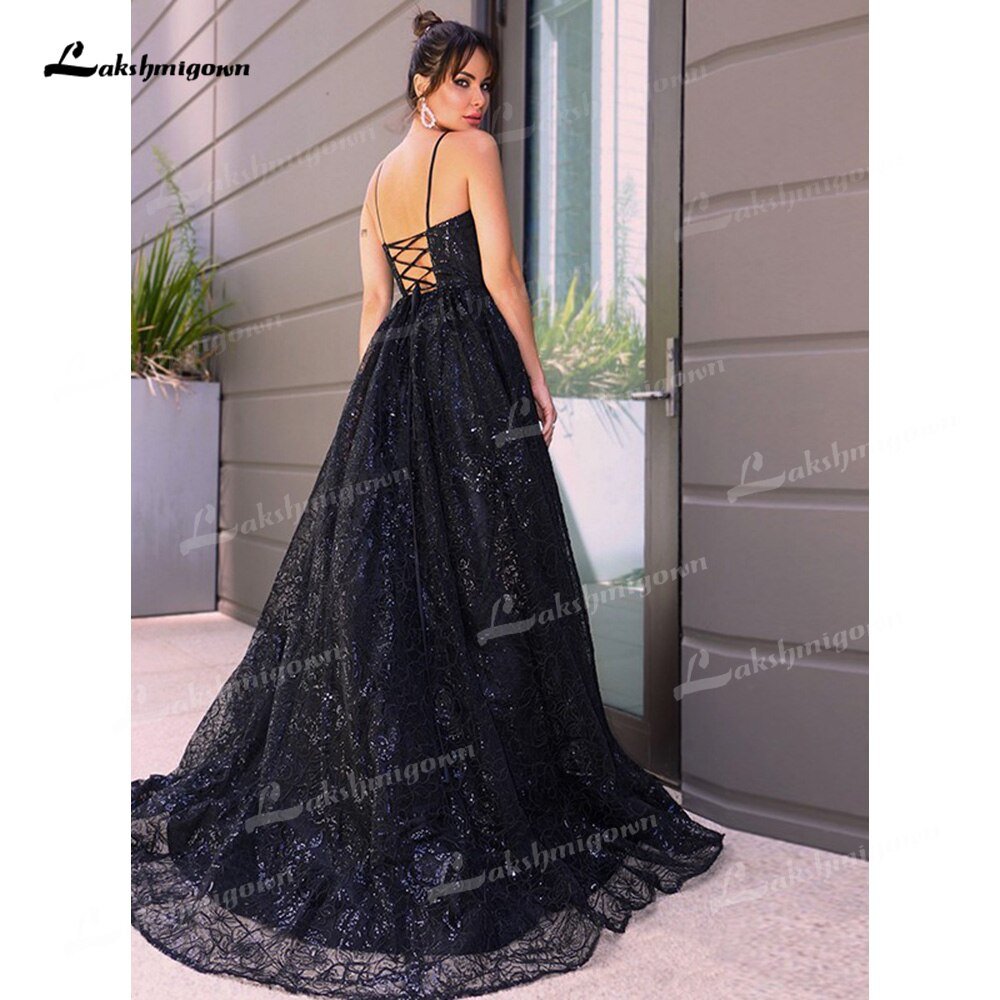 NumberSea - NumberSea Black Lace A - Line Wedding Dresses Sweetheart Neck Sleeveless Backless With Lace - Up Sweep/Brush Train Bride Gown Spaghetti Straps