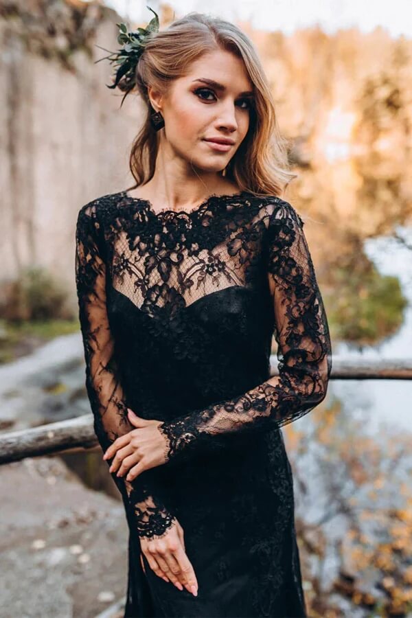 NumberSea - NumberSea Black Sheath Sweetheart Long Sleeves Lace Wedding Dresses, Bridal Gown, MW997