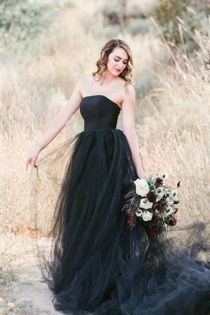 NumberSea - NumberSea Black Tulle A - line Strapless Wedding Dresses With Train, Bridal Gown, MW996