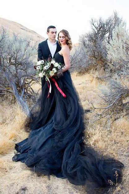 NumberSea - NumberSea Black Tulle A - line Strapless Wedding Dresses With Train, Bridal Gown, MW996