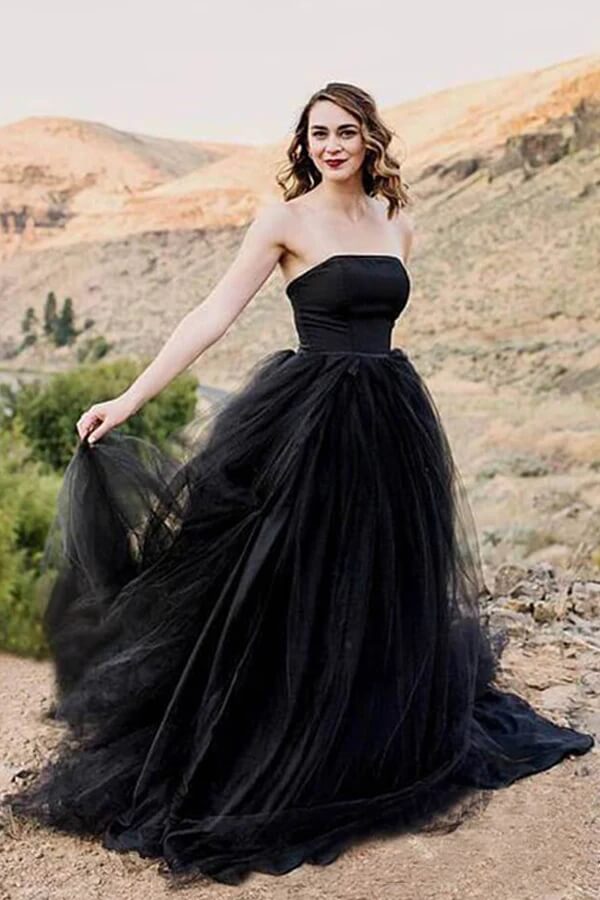 NumberSea - NumberSea Black Tulle A - line Strapless Wedding Dresses With Train, Bridal Gown, MW996