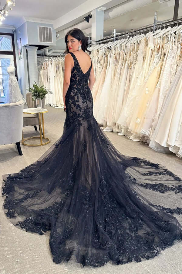 NumberSea - NumberSea Black Tulle Sheath V - neck Lace Appliques Wedding Dresses, Bridal Gown, MW978