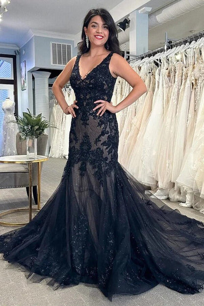 NumberSea - NumberSea Black Tulle Sheath V - neck Lace Appliques Wedding Dresses, Bridal Gown, MW978