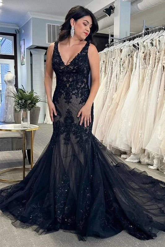 NumberSea - NumberSea Black Tulle Sheath V - neck Lace Appliques Wedding Dresses, Bridal Gown, MW978