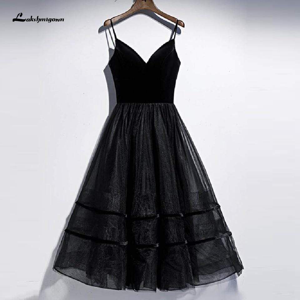 NumberSea - NumberSea Black Wedding Dress Tea Length Velvet Lace Up Sexy