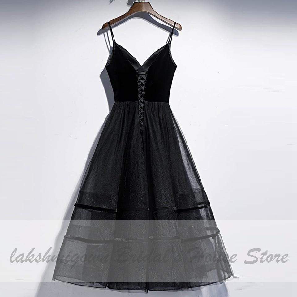 NumberSea - NumberSea Black Wedding Dress Tea Length Velvet Lace Up Sexy