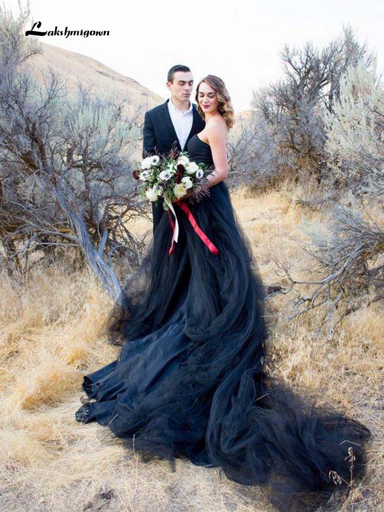 NumberSea - NumberSea Black Wedding Dress Tulle Strapless Lace up Back 2021 Gothic Wedding Dress Court Train Bridal Gown wedding gown Vestido De Noiva