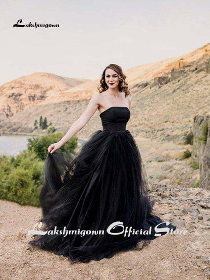 NumberSea - NumberSea Black Wedding Dress Tulle Strapless Lace up Back 2021 Gothic Wedding Dress Court Train Bridal Gown wedding gown Vestido De Noiva