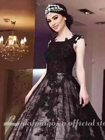 NumberSea - NumberSea Black with Appliques Wedding Dresses Jewel Neck Court Train