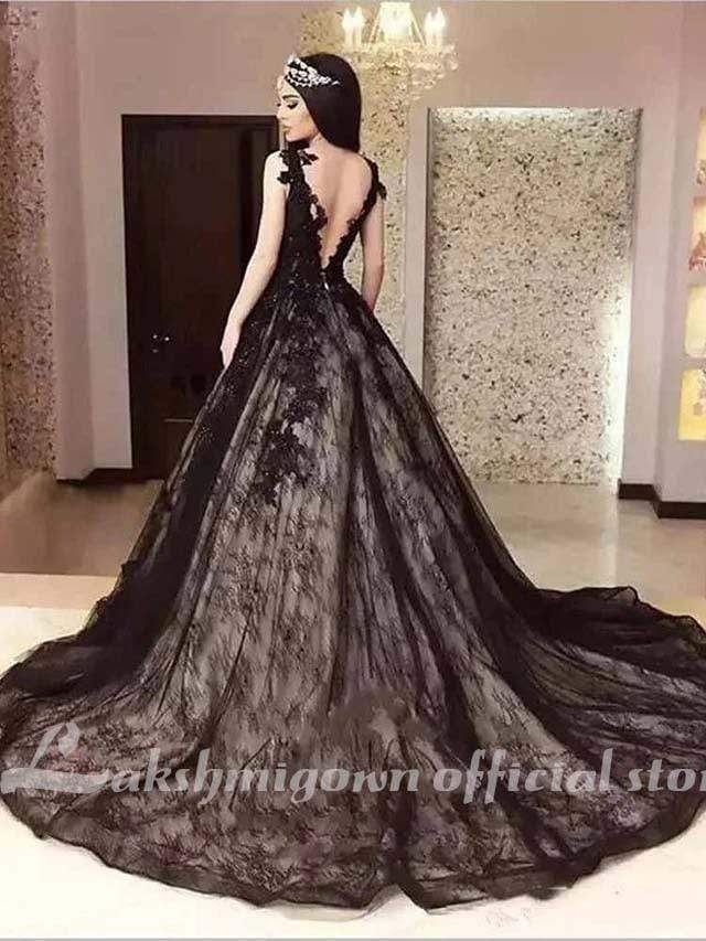 NumberSea - NumberSea Black with Appliques Wedding Dresses Jewel Neck Court Train