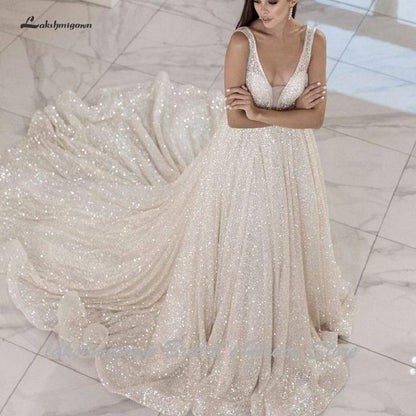 NumberSea - NumberSea Bling Bling Open Back A Line Wedding Dress