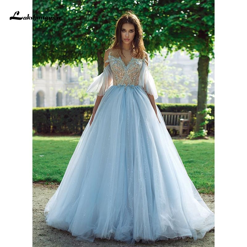 NumberSea - NumberSea Blue Lace Bride Dress Short Sleeves A - line Romantic Wedding Dress