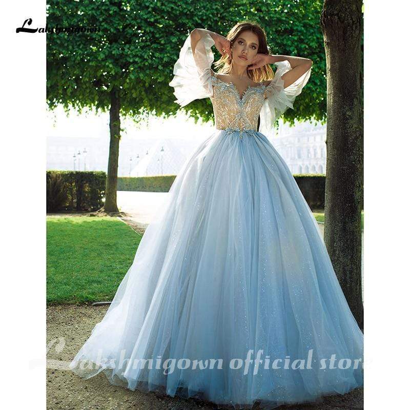 NumberSea - NumberSea Blue Lace Bride Dress Short Sleeves A - line Romantic Wedding Dress