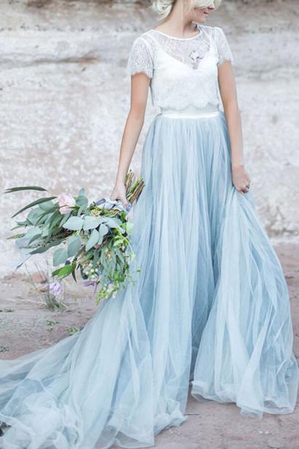 NumberSea - NumberSea Blue Tulle Lace Top A - line Short Sleeves Wedding Dresses, Bridal Gown, MW628