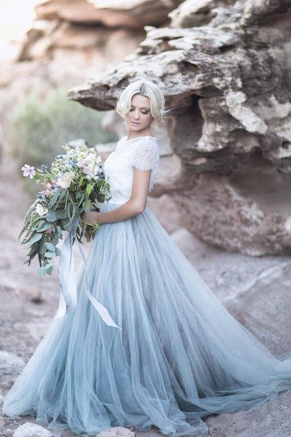 NumberSea - NumberSea Blue Tulle Lace Top A - line Short Sleeves Wedding Dresses, Bridal Gown, MW628