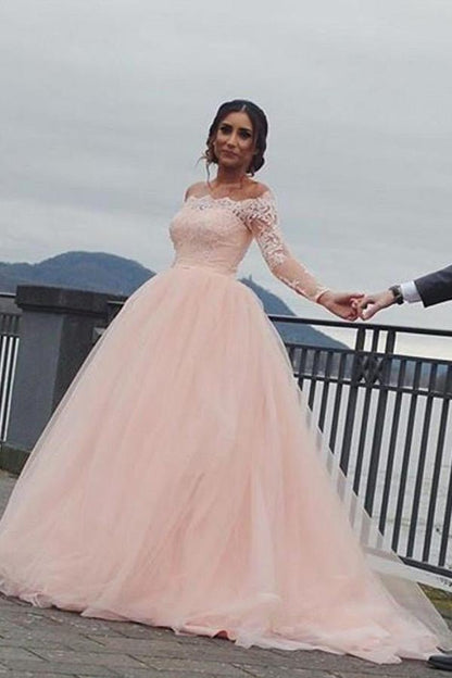 NumberSea - NumberSea Blush Pink A - line Off Shoulder Long Sleeves Wedding Dress, Bridal Gown, MW959