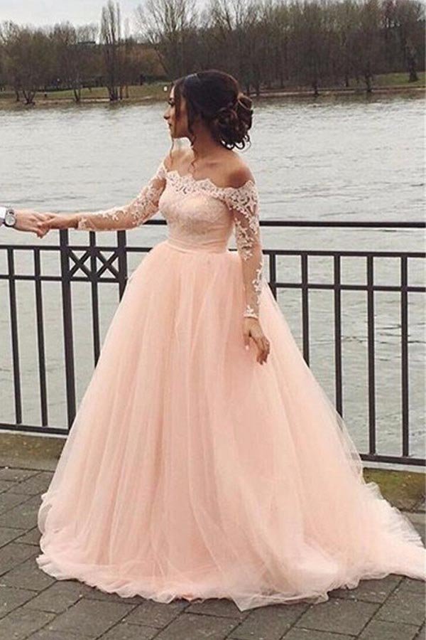 NumberSea - NumberSea Blush Pink A - line Off Shoulder Long Sleeves Wedding Dress, Bridal Gown, MW959