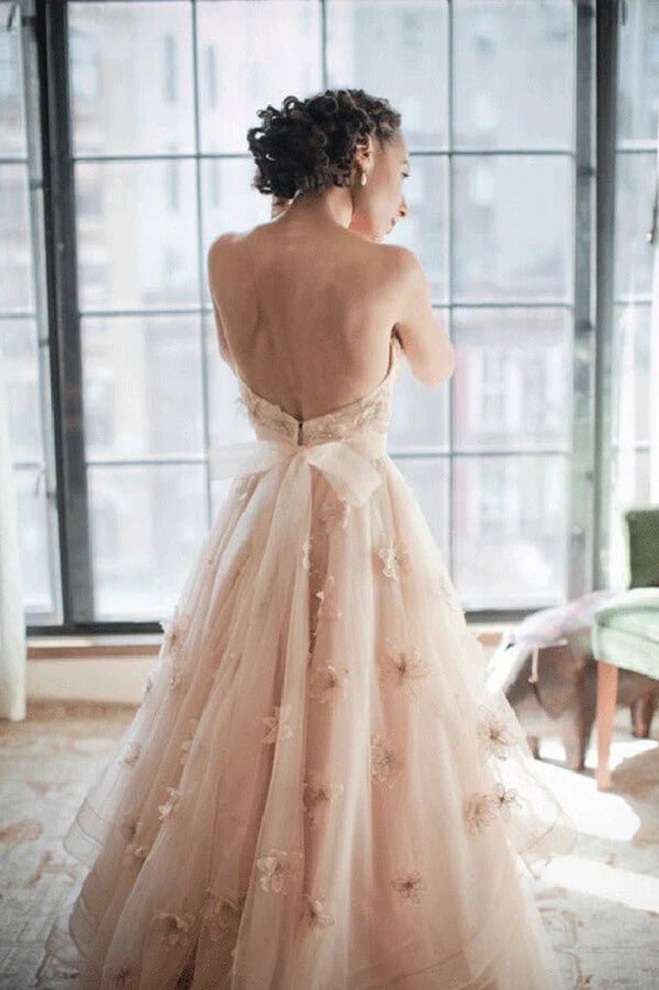 NumberSea - NumberSea Blush Pink A - line Sweetheart Floral Backless Wedding Dress, Bridal Gowns, MW761