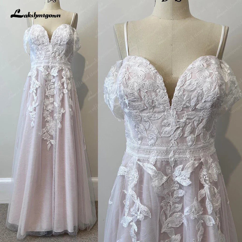 NumberSea - NumberSea Blush Pink Wedding Dress Lace Appliqued Tulle A Line Backless 2025 Tank V Neck Bridal Gowns vestido de novia