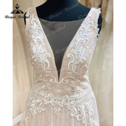 NumberSea - NumberSea Blush Pink Wedding Dress Tank V Neck Lace Applique Sleeveless Split Side Shiny Wedding Gowns vestido de novia de tul Bridal Gown