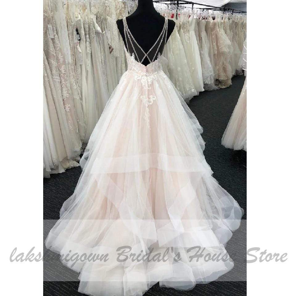 NumberSea - NumberSea Blush Pink Wedding Dress V Neck Luxury Beading Lace Bridal