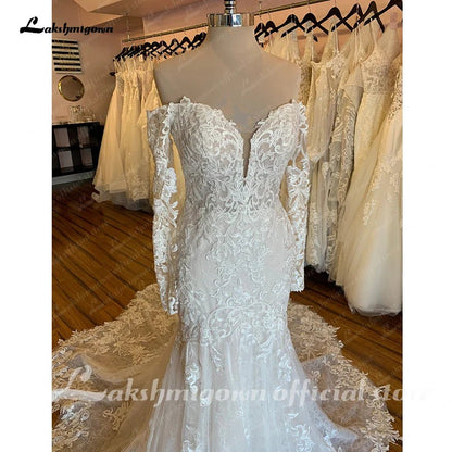 NumberSea - NumberSea Boat Neck Long Sleeves Wedding Dress Full Lace Chapel Train Bridal Gown Elegant Bridal Wedding Gowns Open Back