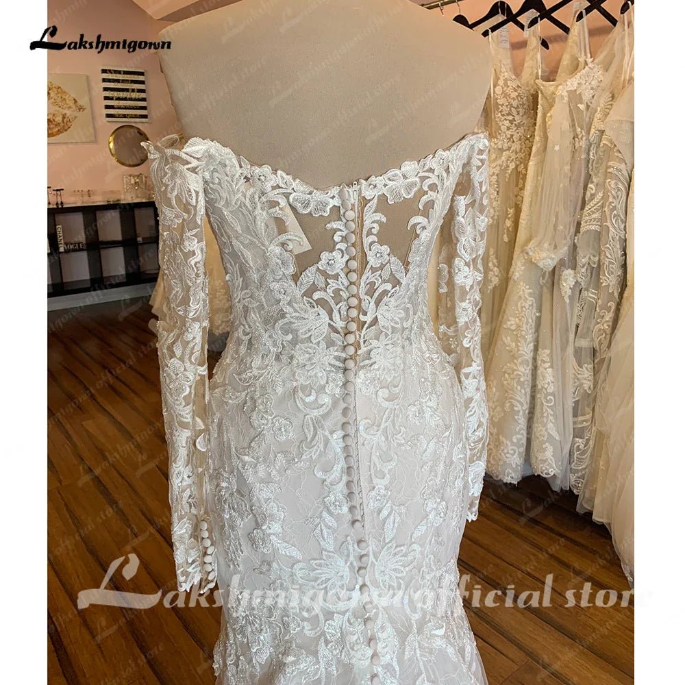 NumberSea - NumberSea Boat Neck Long Sleeves Wedding Dress Full Lace Chapel Train Bridal Gown Elegant Bridal Wedding Gowns Open Back