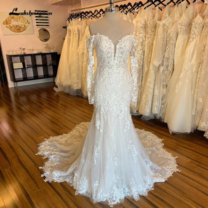 NumberSea - NumberSea Boat Neck Long Sleeves Wedding Dress Full Lace Chapel Train Bridal Gown Elegant Bridal Wedding Gowns Open Back